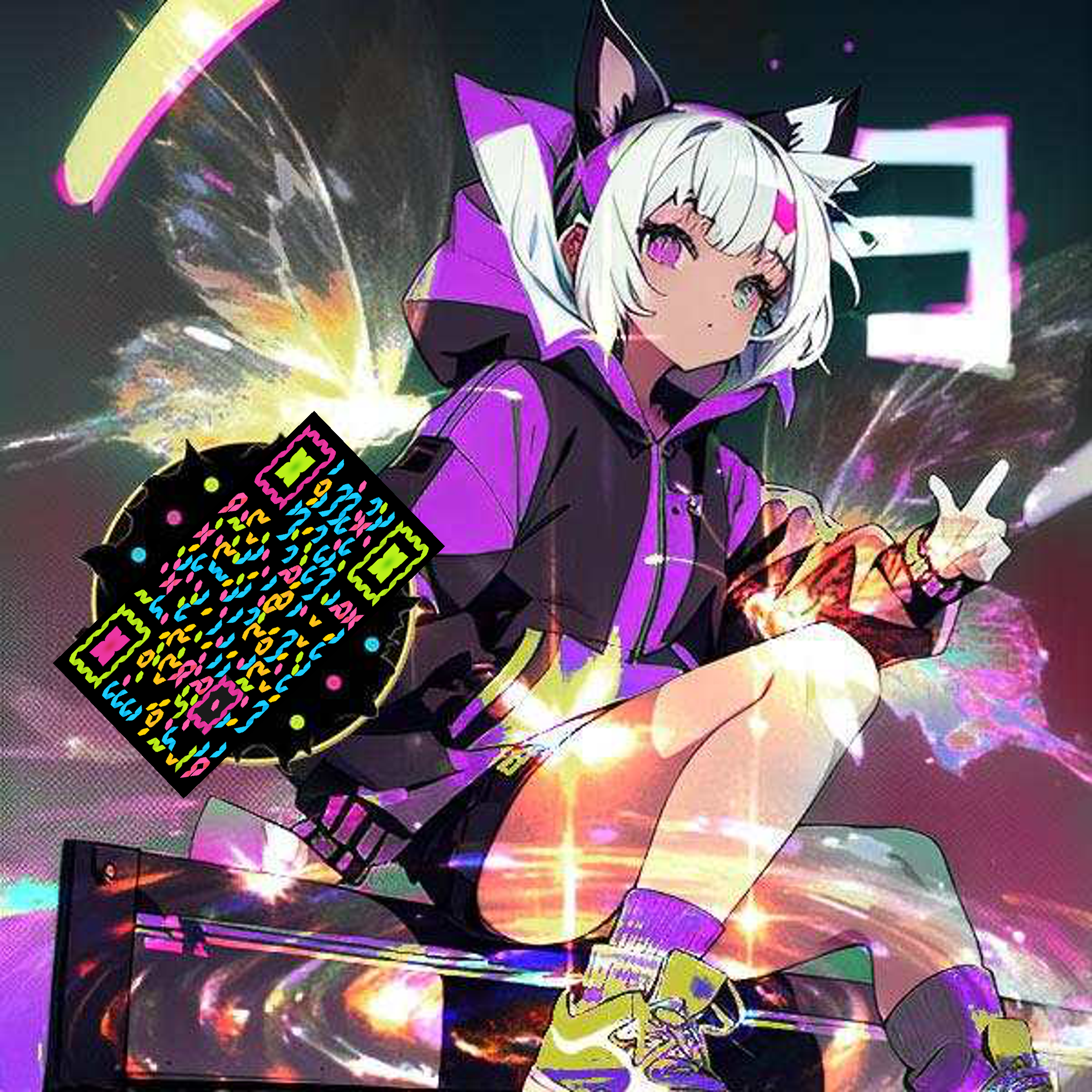 泡泡头图三格头猫猫女孩炫彩五彩丝带隐藏二维码二维码生成器-平面静态-正方形码
