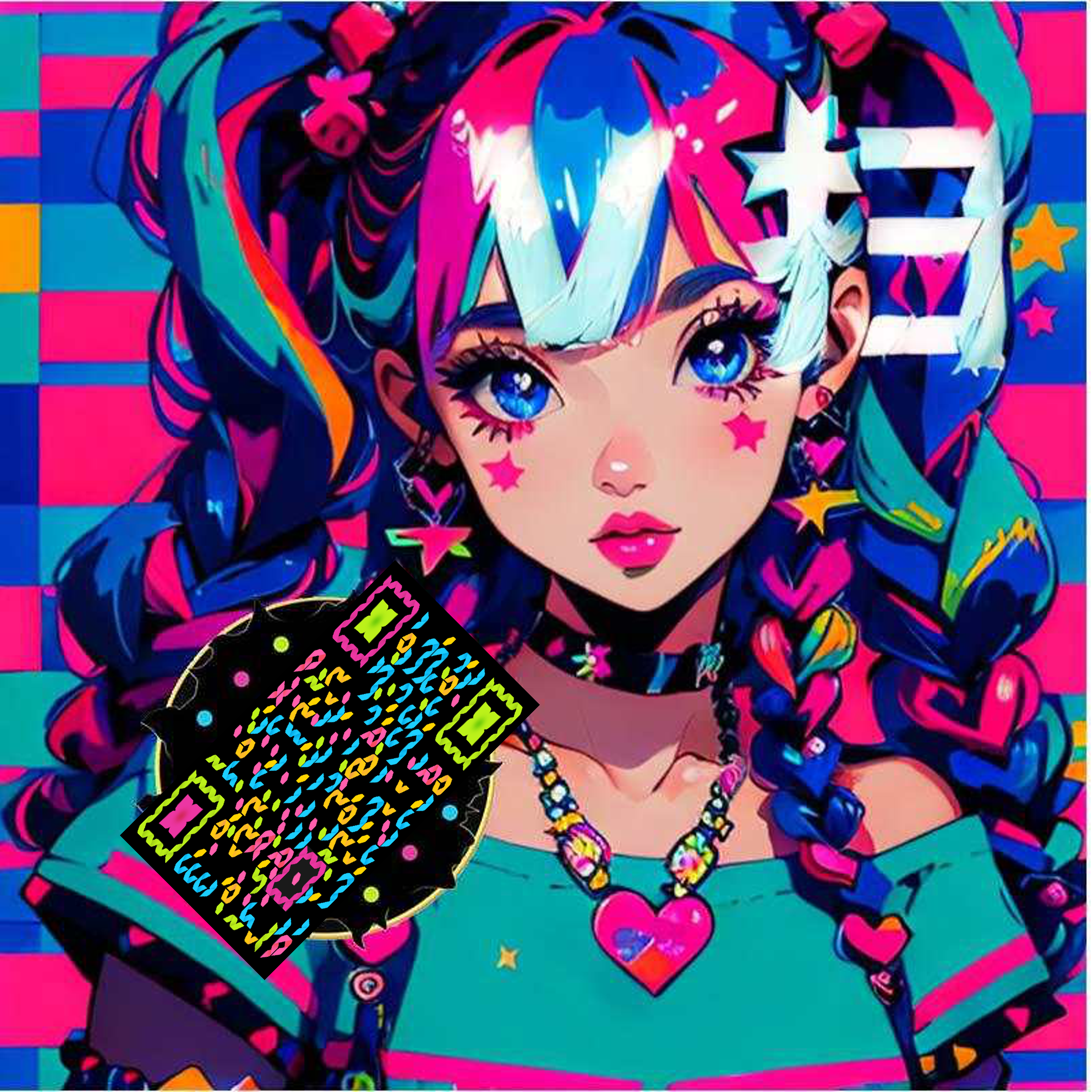 泡泡头图三格头炫彩少女v扫五彩丝带艺术二维码二维码生成器-平面静态-正方形码