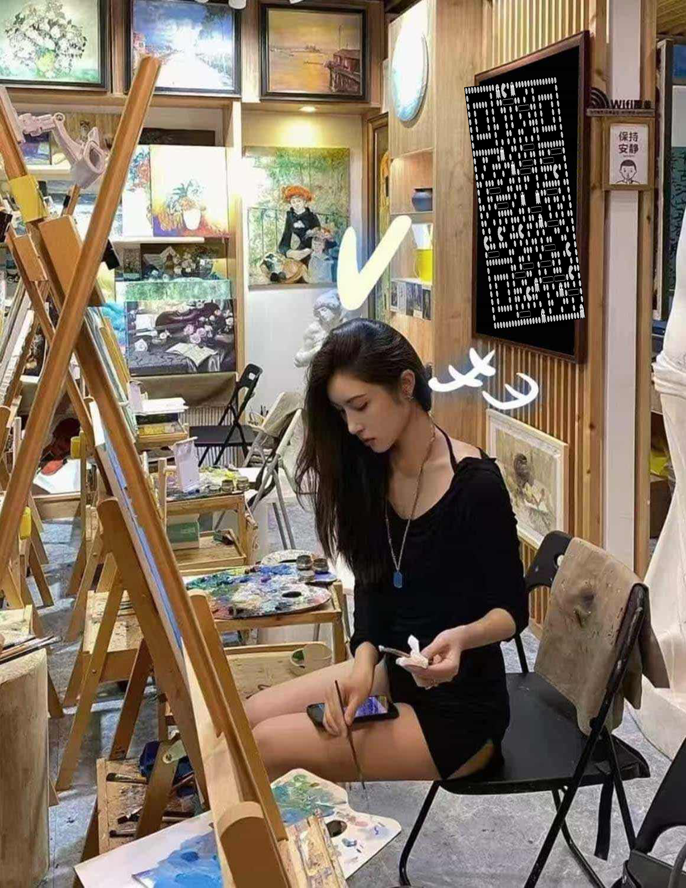社交动态画室油画女生黑白二维码生成器-平面静态-微信名片
