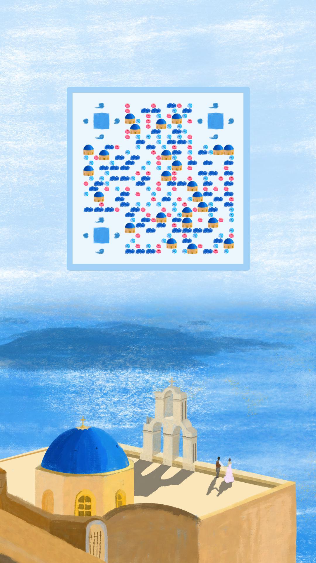 情定希腊浪漫蓝色爱琴海二维码生成器-平面静态-手机海报