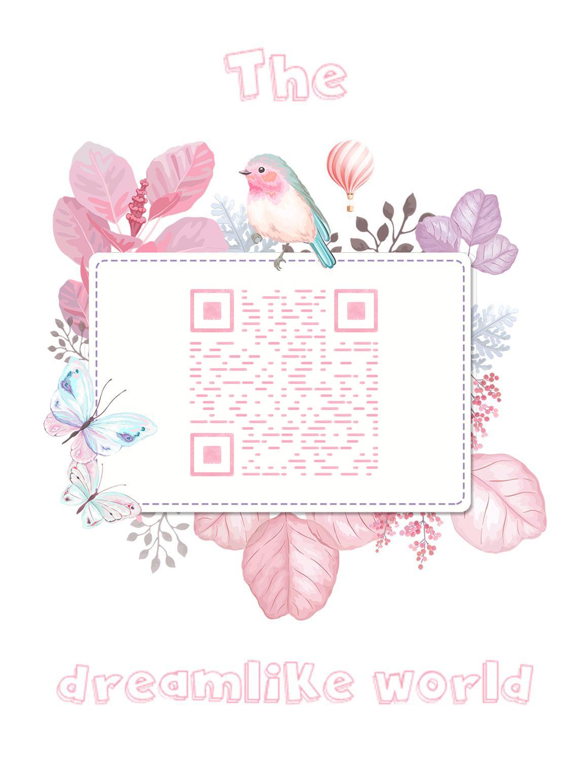 粉色清新蝴蝶植物花丛边框多彩鸟二维码生成器-平面静态-微信名片