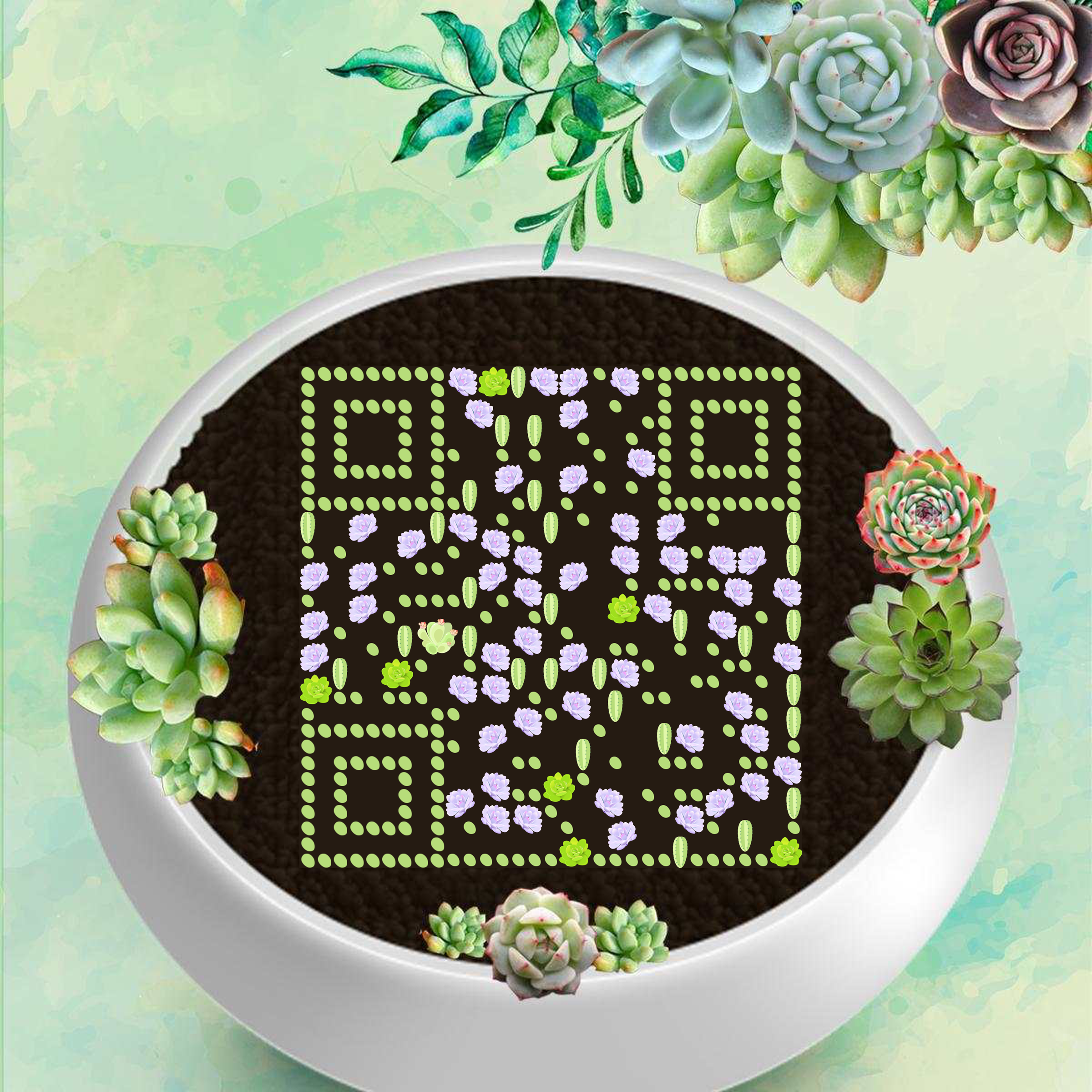 多肉植物花盆春天绿色花朵艺术二维码二维码生成器-平面静态-正方形码