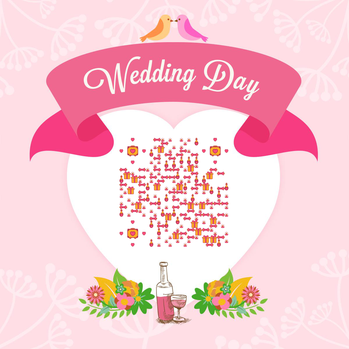 粉色浪漫爱情鸟婚礼婚庆二维码生成器-平面静态-正方形码