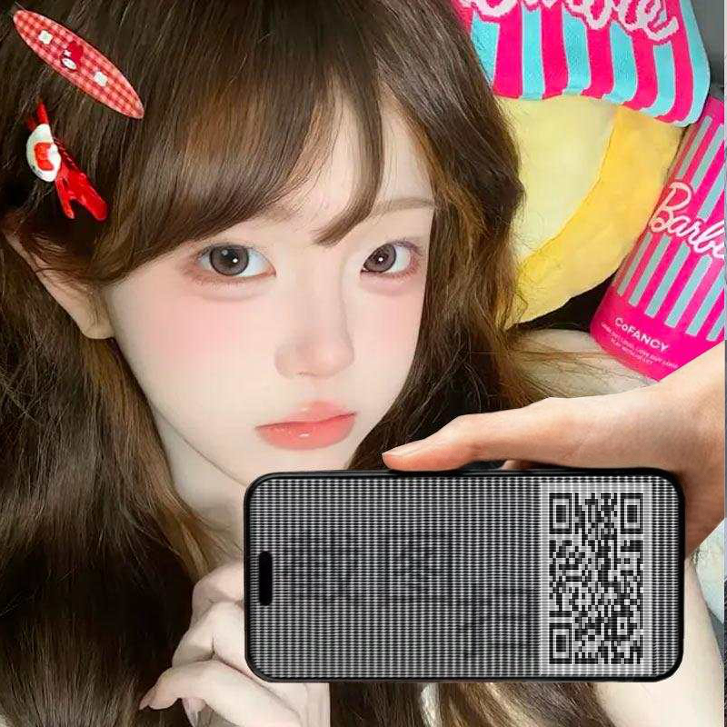 绿泡泡头图手机可爱美女竖条遮挡隐藏二维码二维码生成器-平面静态-正方形码