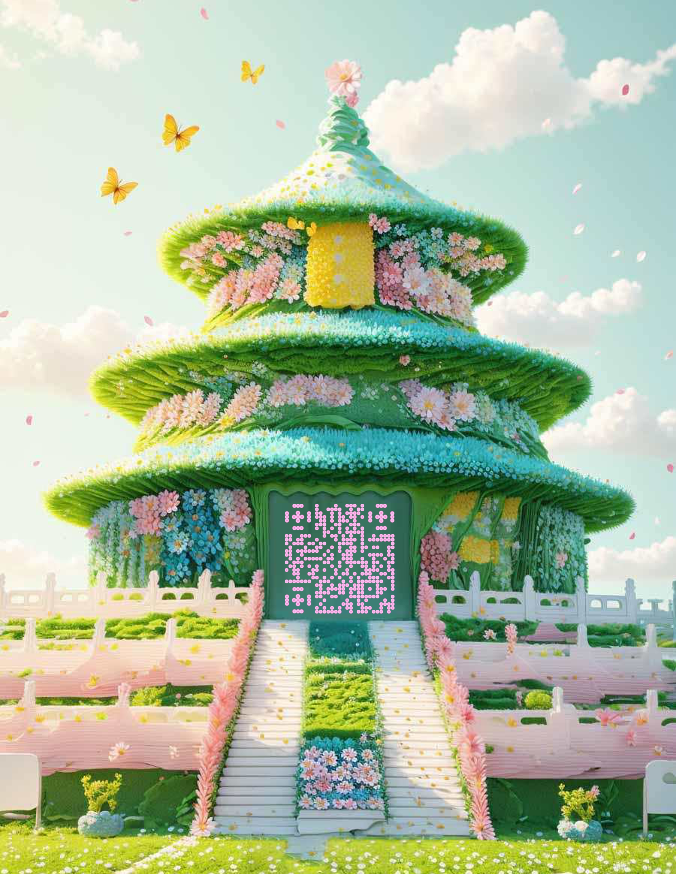 蓝天坛花卉绿草地粉色圆点艺术二维码二维码生成器-平面静态-微信名片