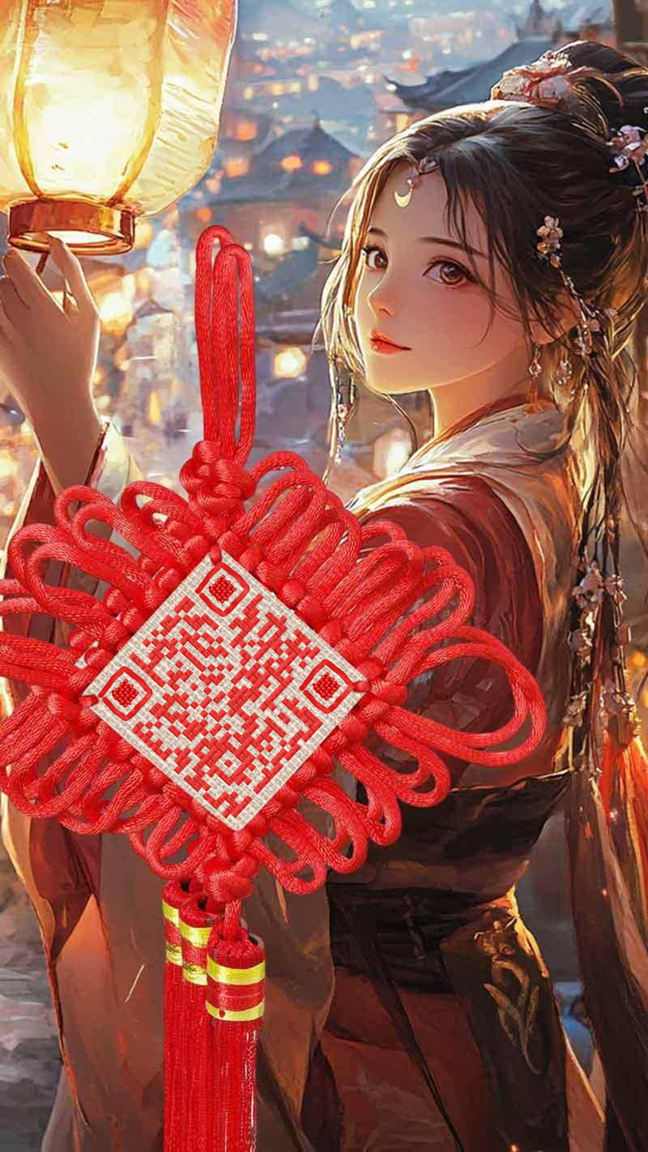 抖音封面作品二次元插画红衣少女灯笼中国结二维码二维码生成器-平面静态-手机海报