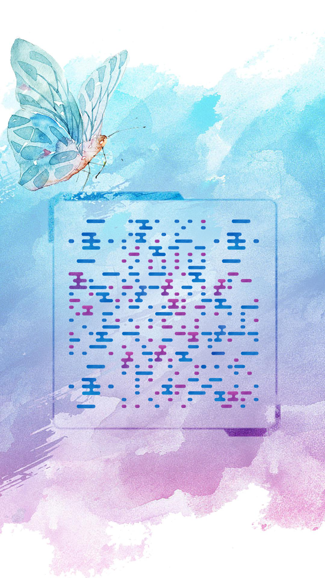 蓝紫水彩幻彩蝴蝶二维码-手机海报-平面静态