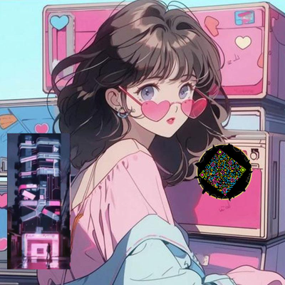 泡泡头图三格头爱心眼镜卷发女孩插画五彩丝带艺术二维码二维码生成器-平面静态-正方形码
