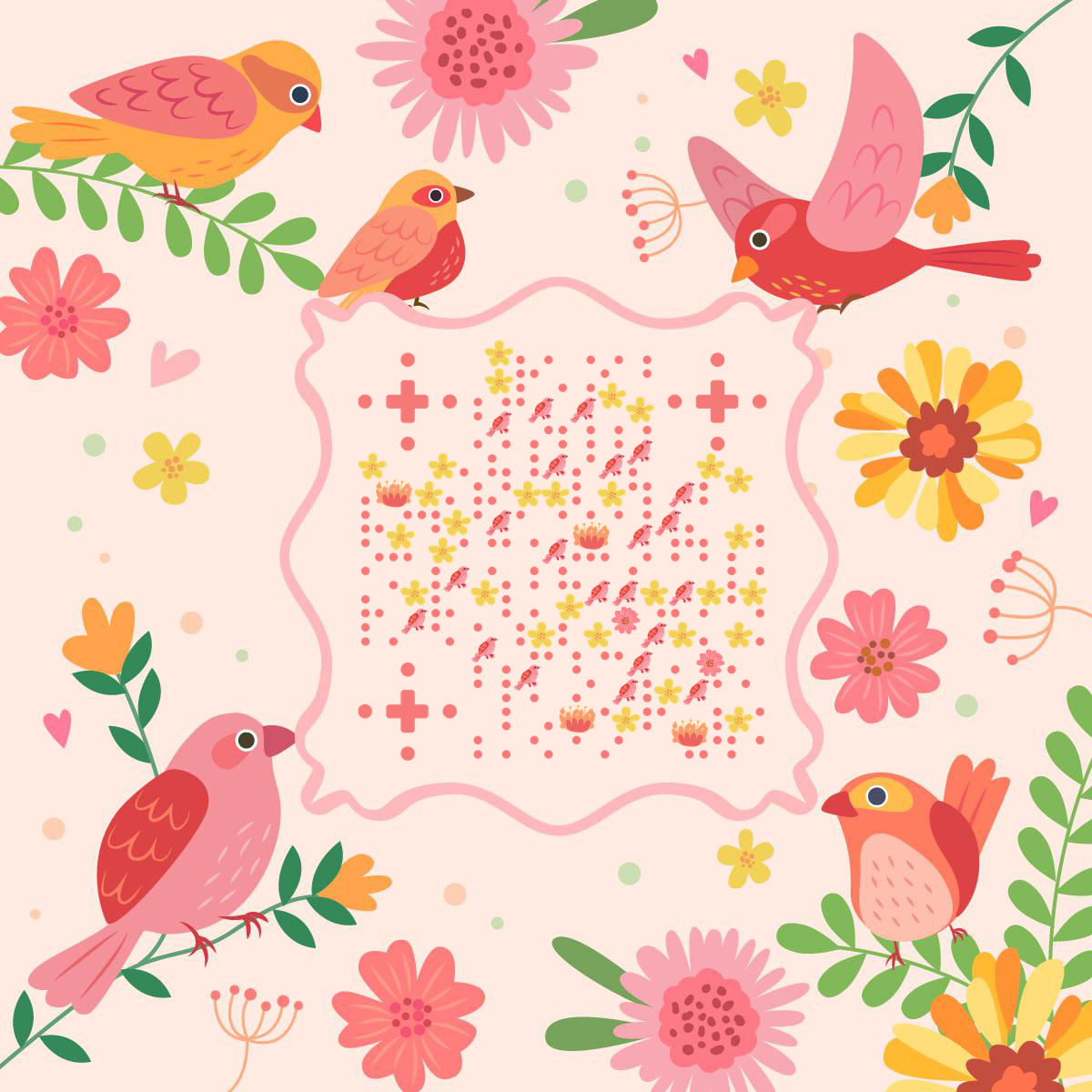 粉色花园鸟儿二维码-正方形码-平面静态