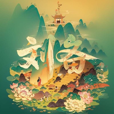 绿色国风山水AI艺术字-第九工场字体生成器