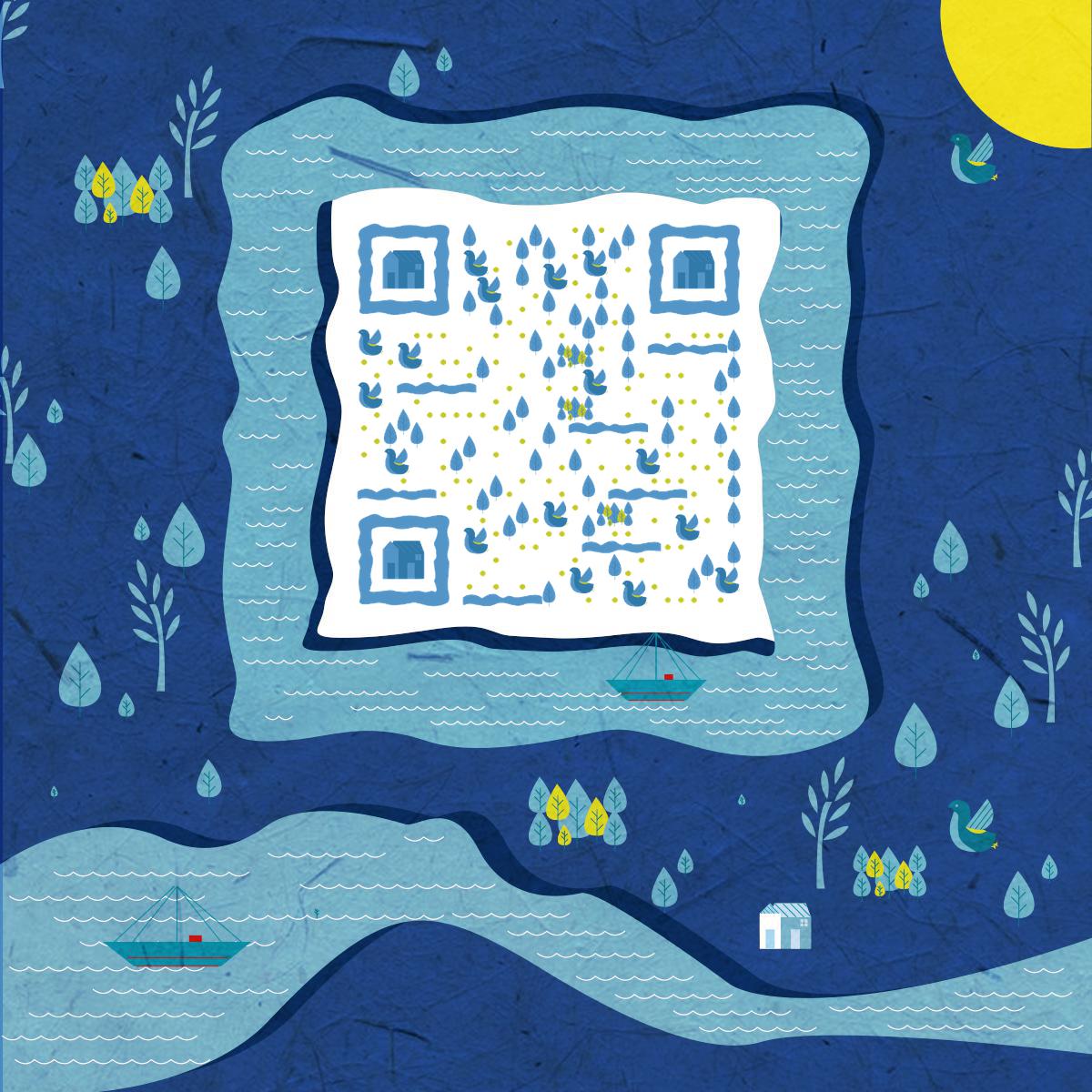 蓝色河流树木园林森林二维码生成器-平面静态-正方形码