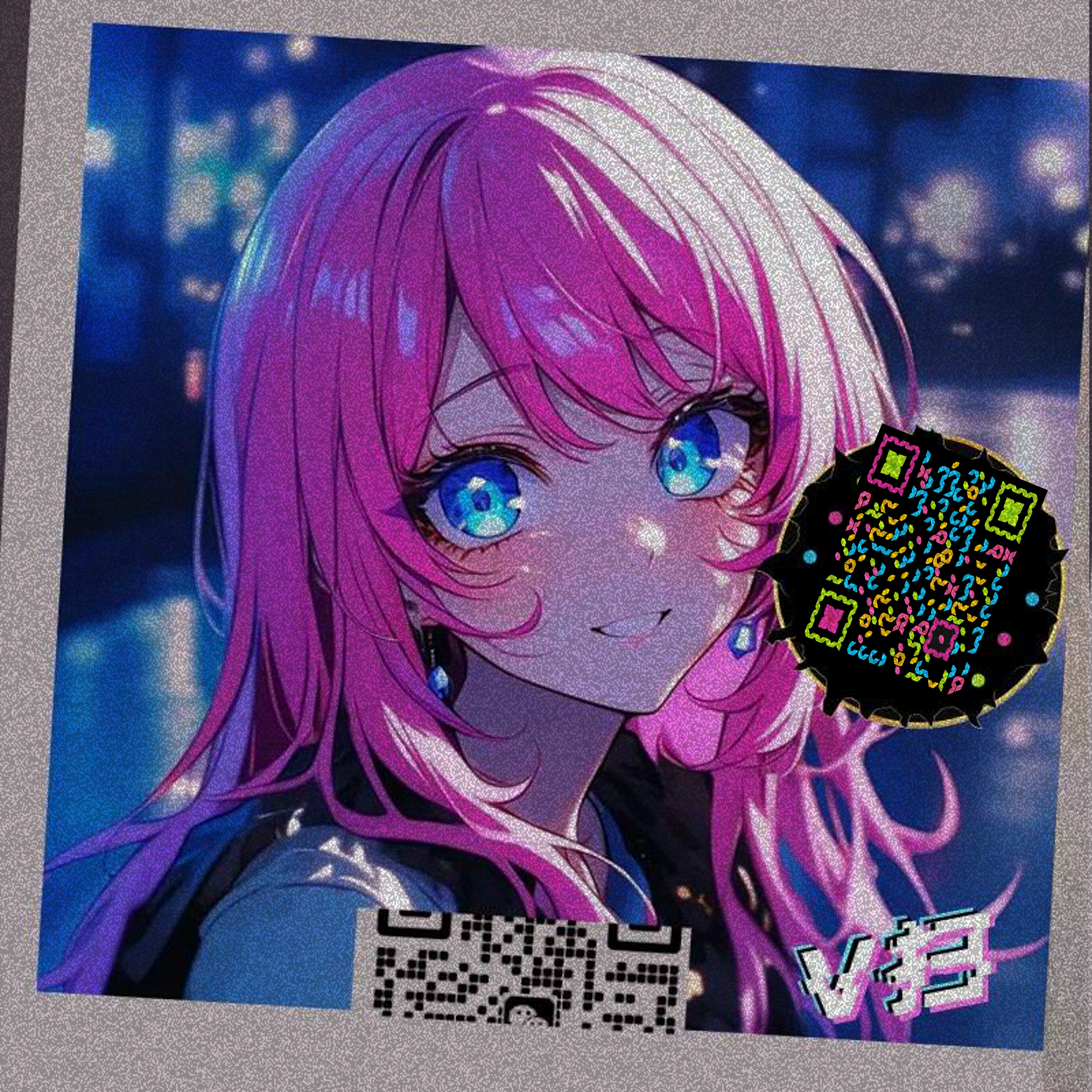 绿泡泡头三格头卡通暗黑粉红头发温柔女孩褪色五彩丝带二维码二维码生成器-平面静态-正方形码