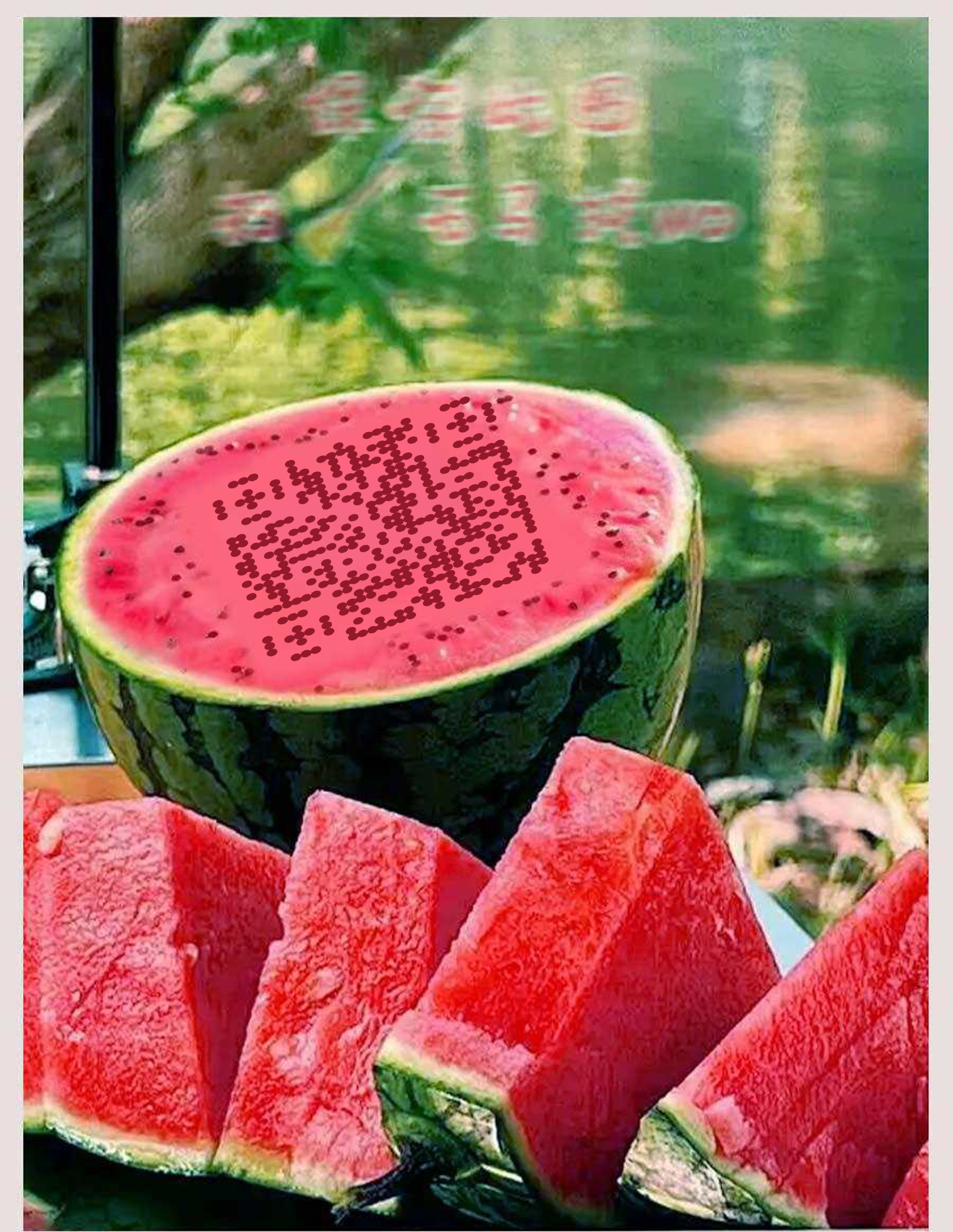 作品封面拼多多西瓜粉色切片背景红色融豆隐藏二维码二维码生成器-平面静态-微信名片