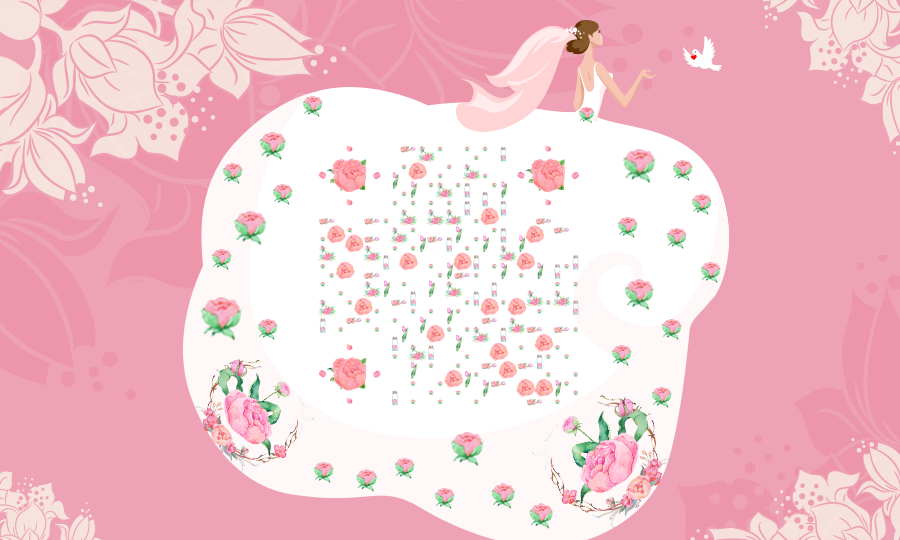 韩式花纹粉色玫瑰花簇婚纱浪漫婚礼二维码-公众号图-平面静态