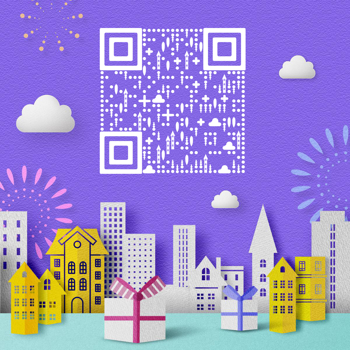 折纸风紫色C4D城市礼物烟火二维码生成器-平面静态-正方形码