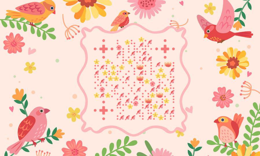 粉色花园鸟儿二维码生成器-平面静态-公众号图