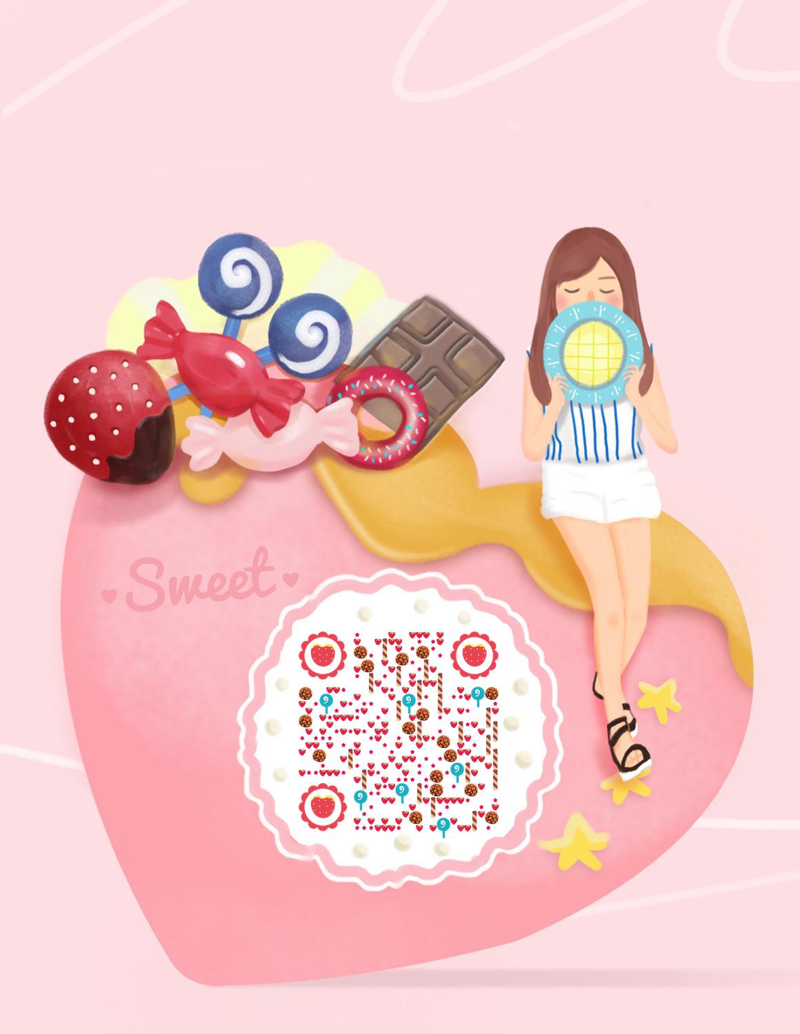 粉色草莓甜心女孩甜蜜爱心糖果二维码生成器-平面静态-微信名片
