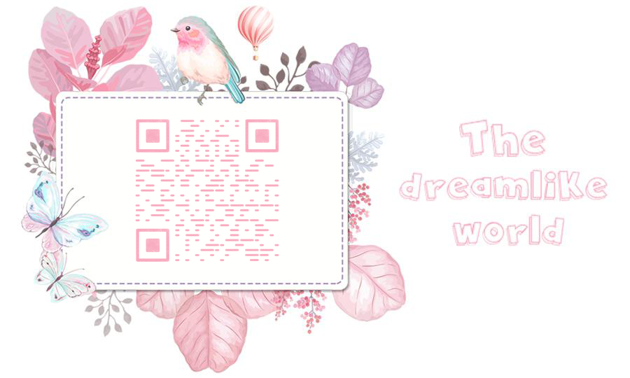 粉色清新蝴蝶植物花丛边框多彩鸟二维码-公众号图-平面静态