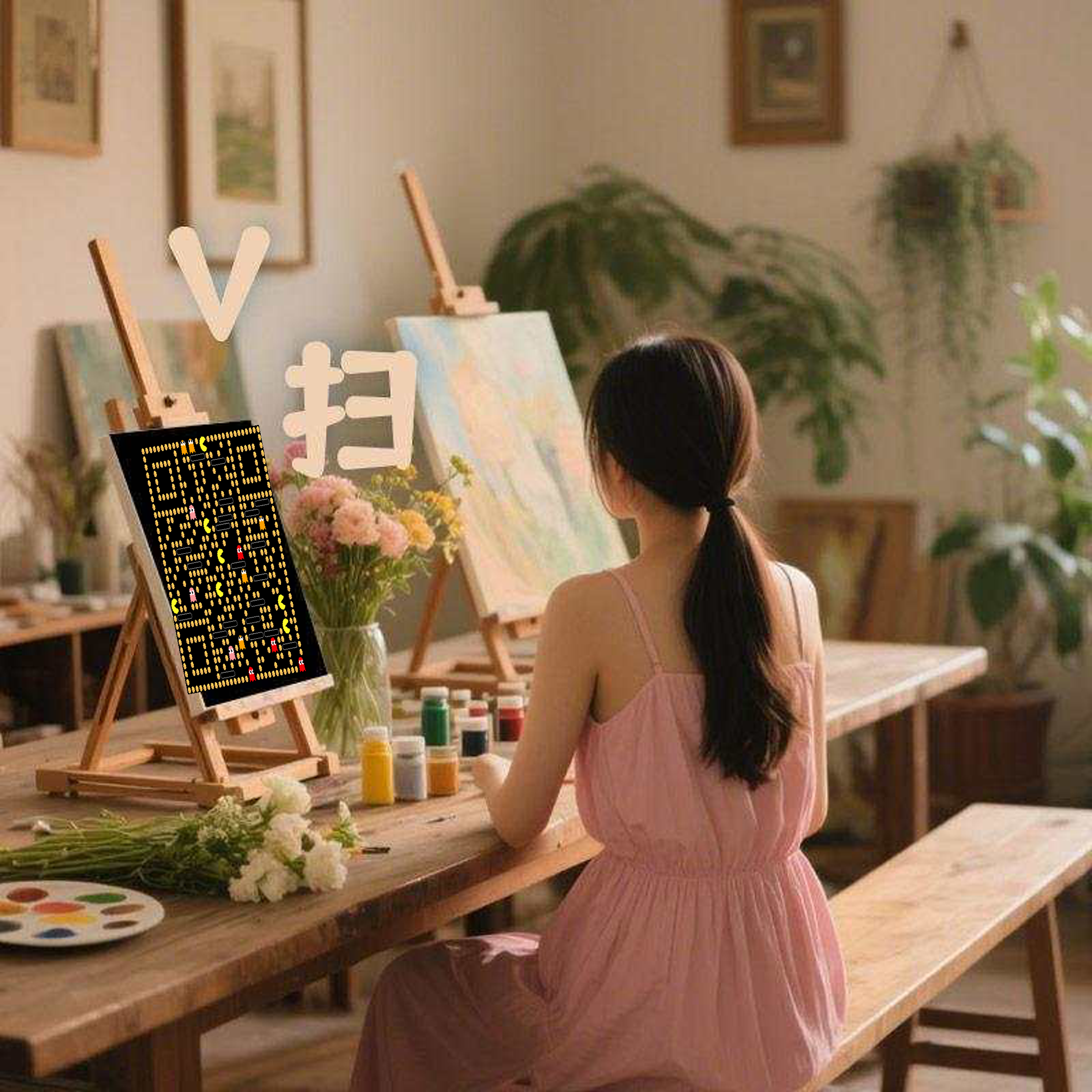 泡泡头图画板粉衣女孩吃豆人艺术二维码二维码生成器-平面静态-正方形码