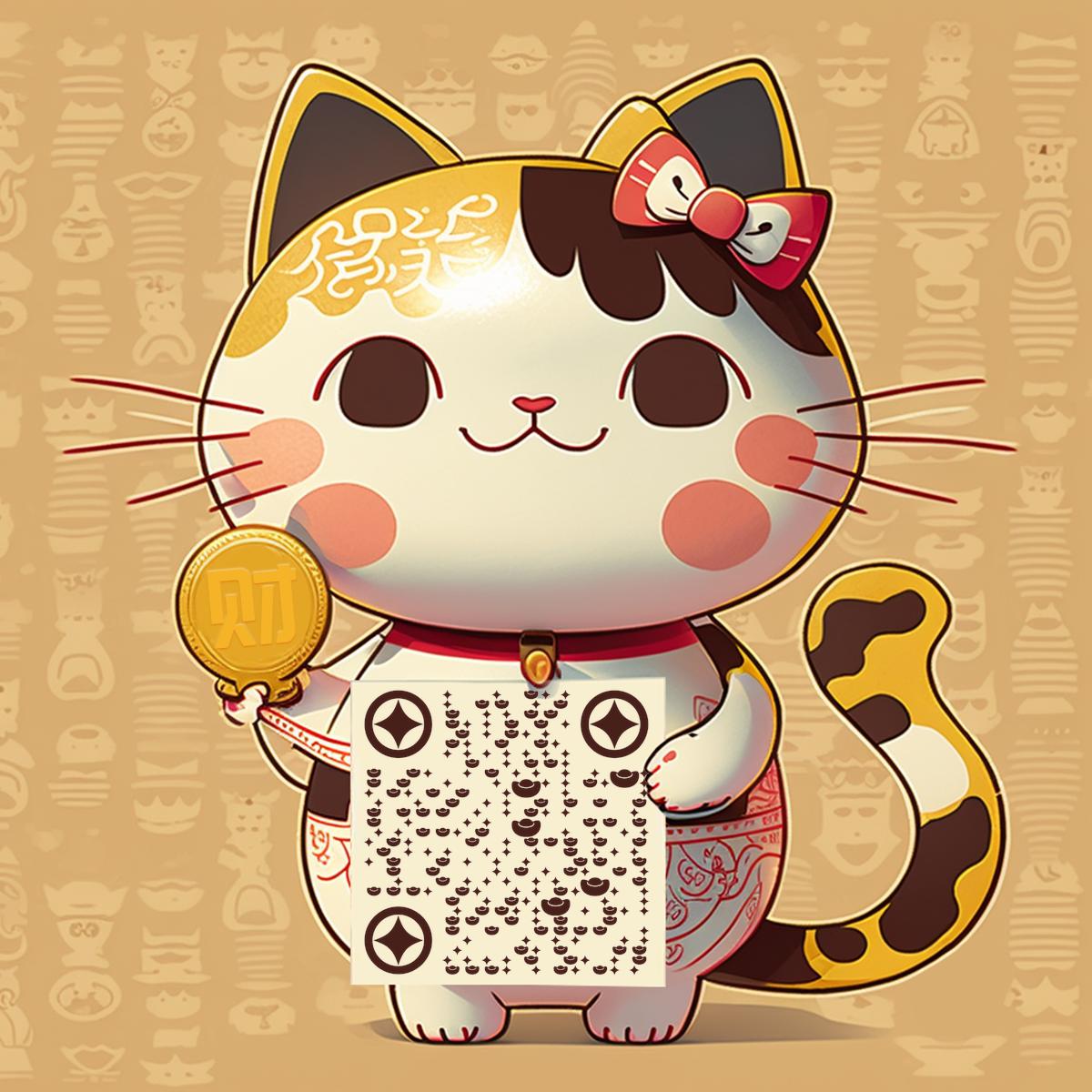 招财猫迎财纳福付款扫码支付金色招财二维码生成器-平面静态-正方形码