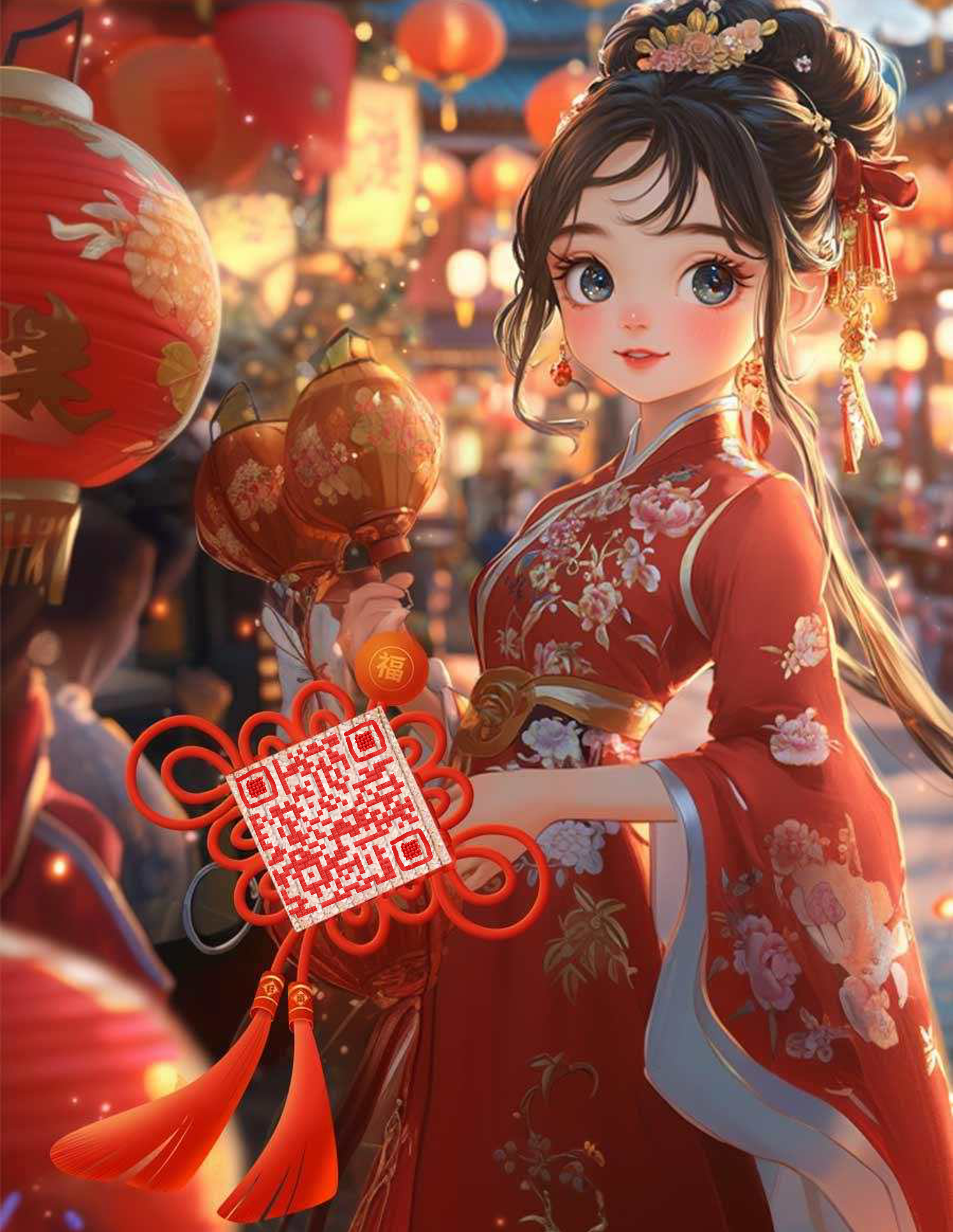 抖音封面作品插画红衣少女中国结二维码二维码生成器-平面静态-微信名片