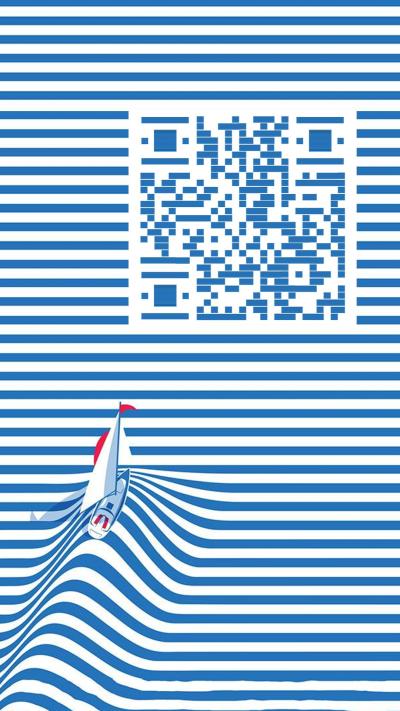 孤舟蓝色条纹海军帆船大海创意二维码生成器-平面静态-手机海报