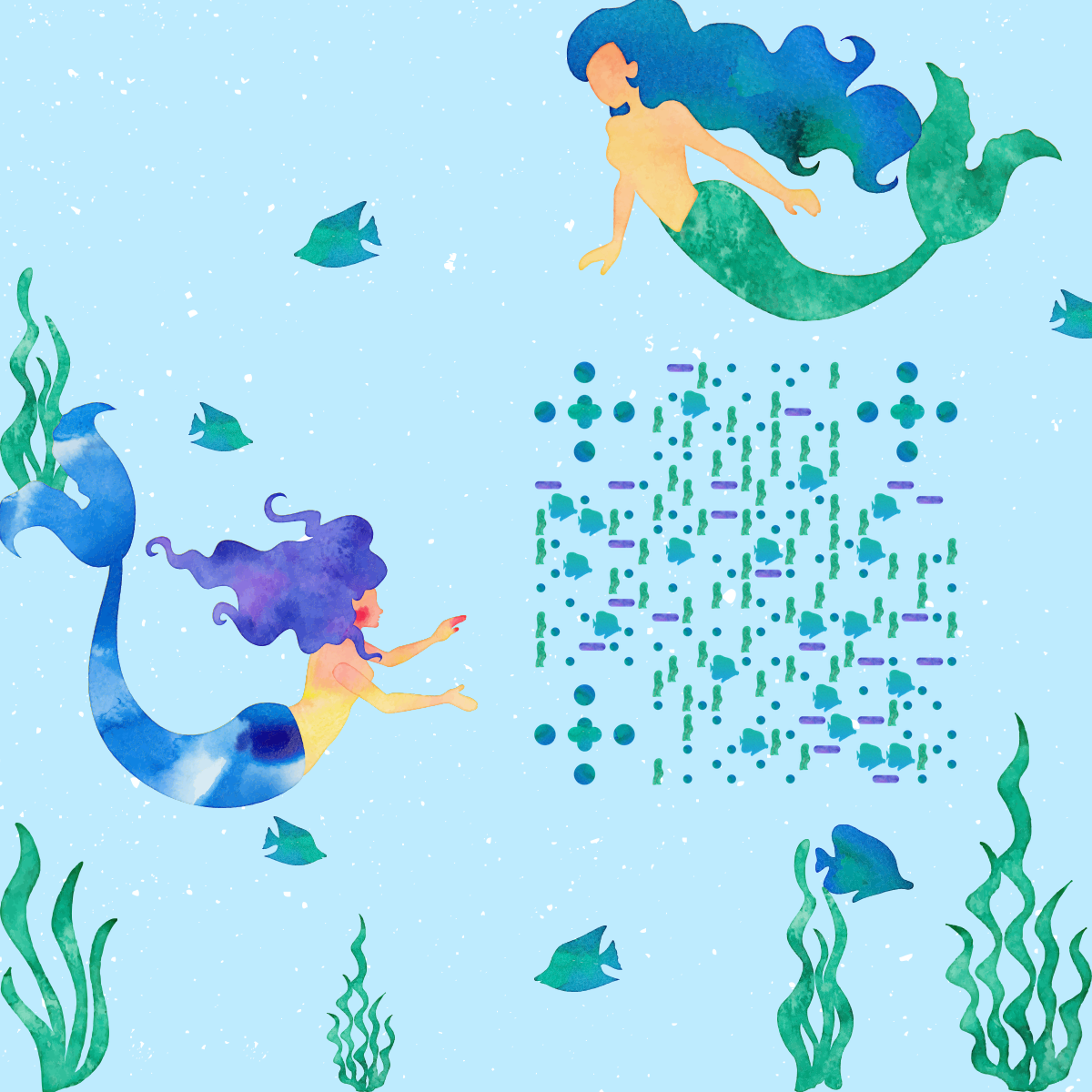 水彩海的女儿蓝色大海美人鱼二维码生成器-平面静态-正方形码