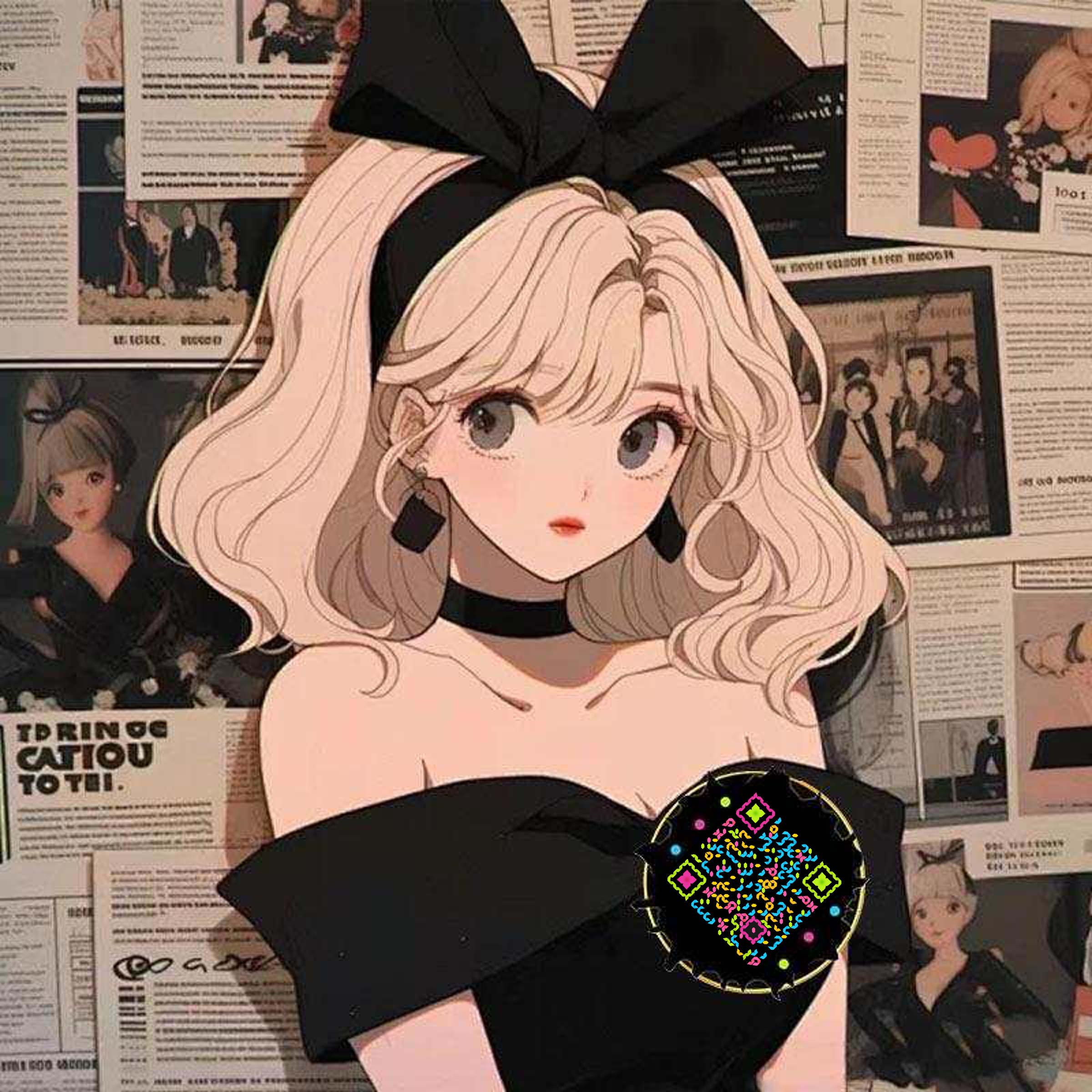 泡泡头图三格头黑色发带蝴蝶结抹胸金发美女五彩丝带艺术二维码二维码生成器-平面静态-正方形码
