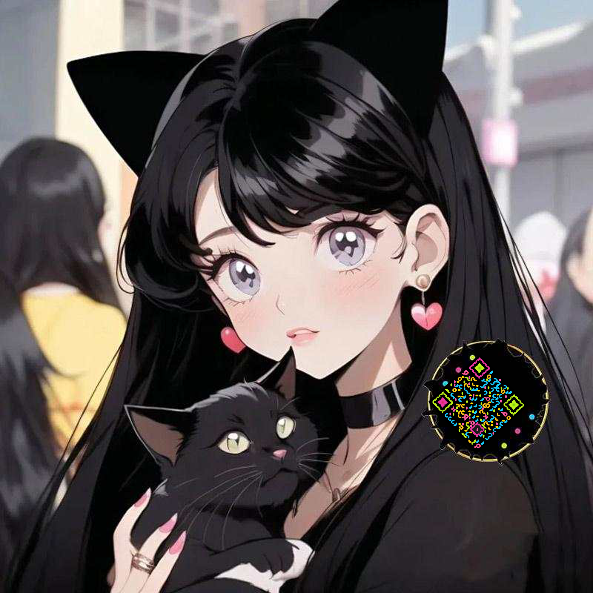 泡泡头图三格头黑色猫咪猫耳美女五彩丝带艺术二维码二维码生成器-平面静态-正方形码