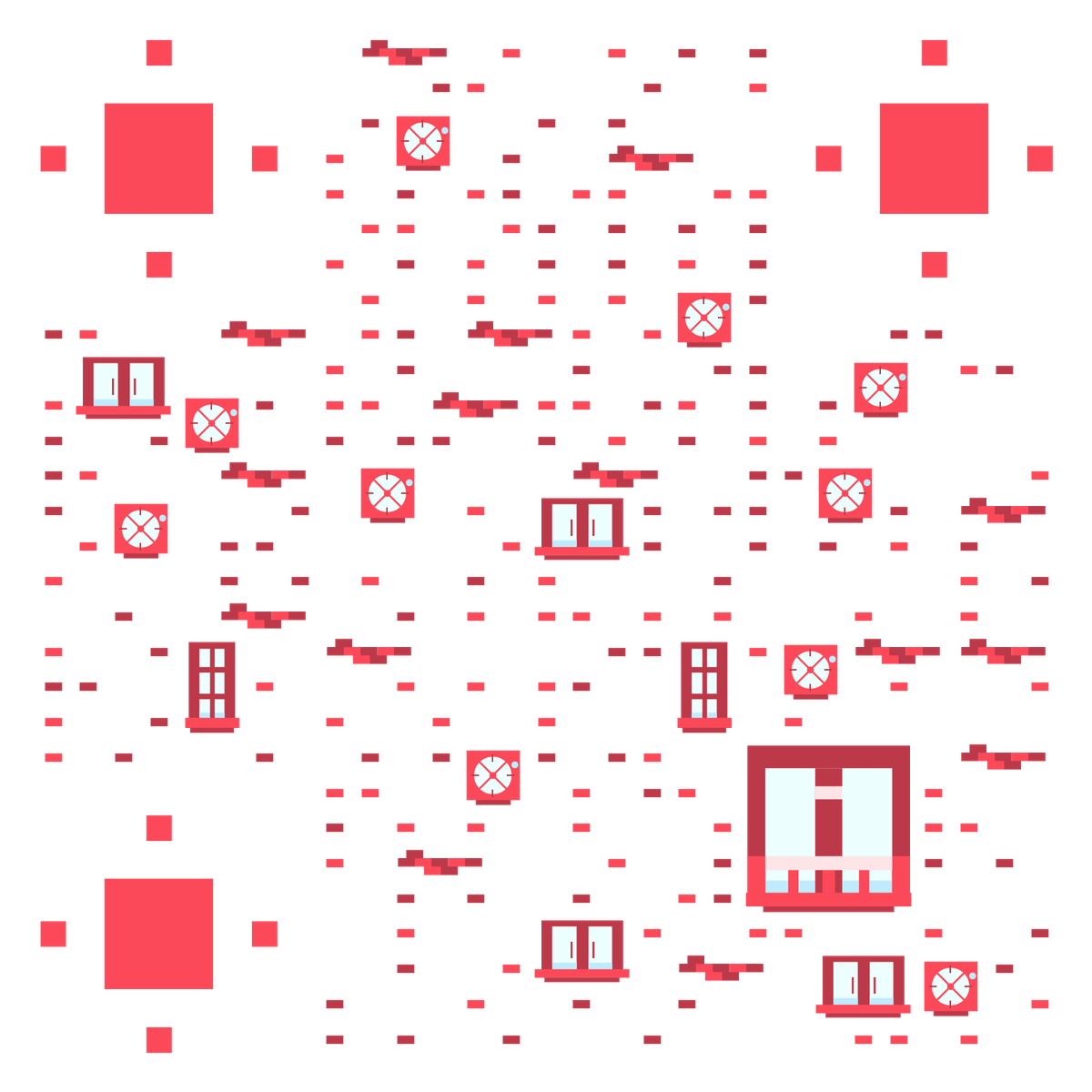 高楼大厦窗户时钟红色窗外风景二维码生成器-平面静态-无背景码