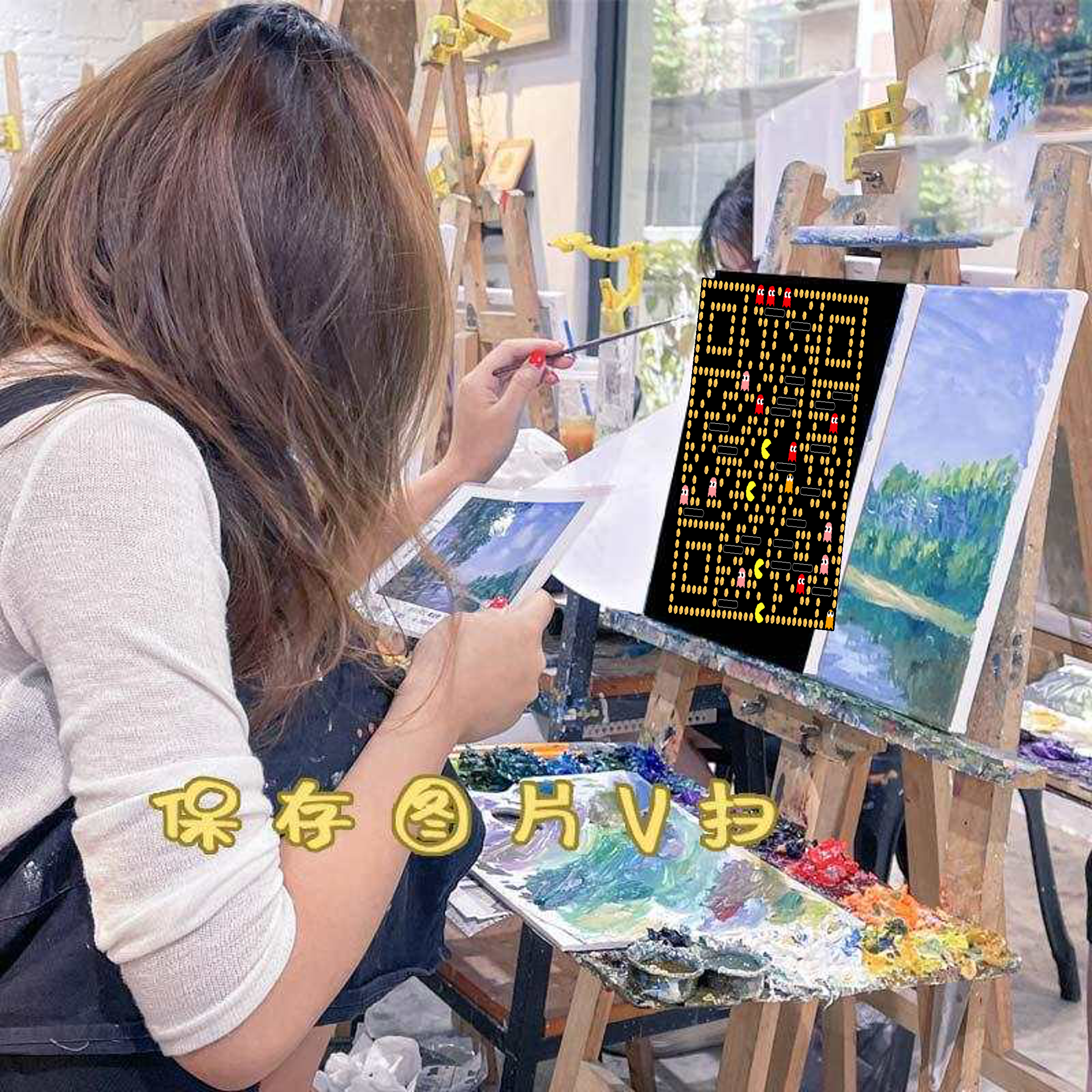 泡泡头图画板长发女生吃豆人艺术二维码二维码生成器-平面静态-正方形码