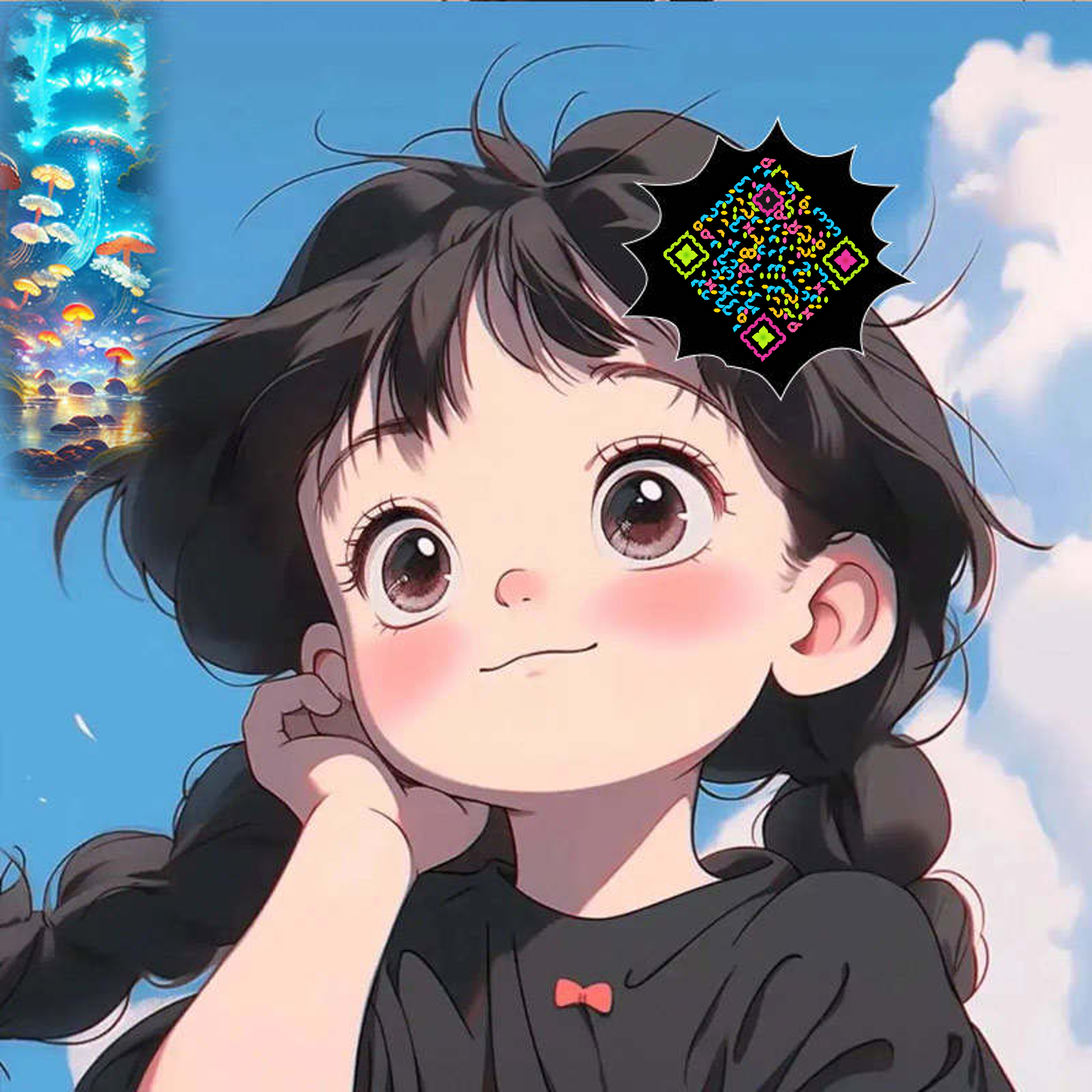 泡泡头图可爱麻花辫女孩蓝天背景五彩丝带隐藏二维码二维码生成器-平面静态-正方形码