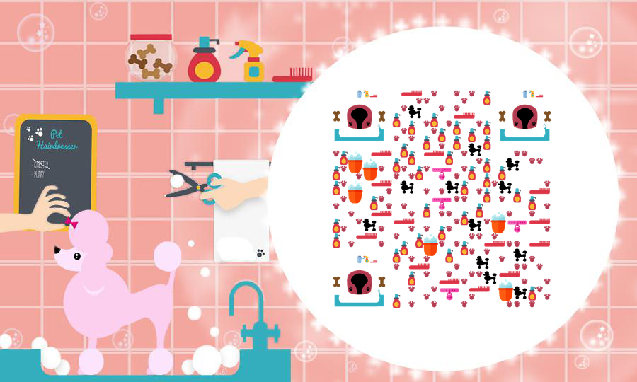 宠物美容粉色贵宾狗洗澡泡泡浴二维码生成器-平面静态-公众号图
