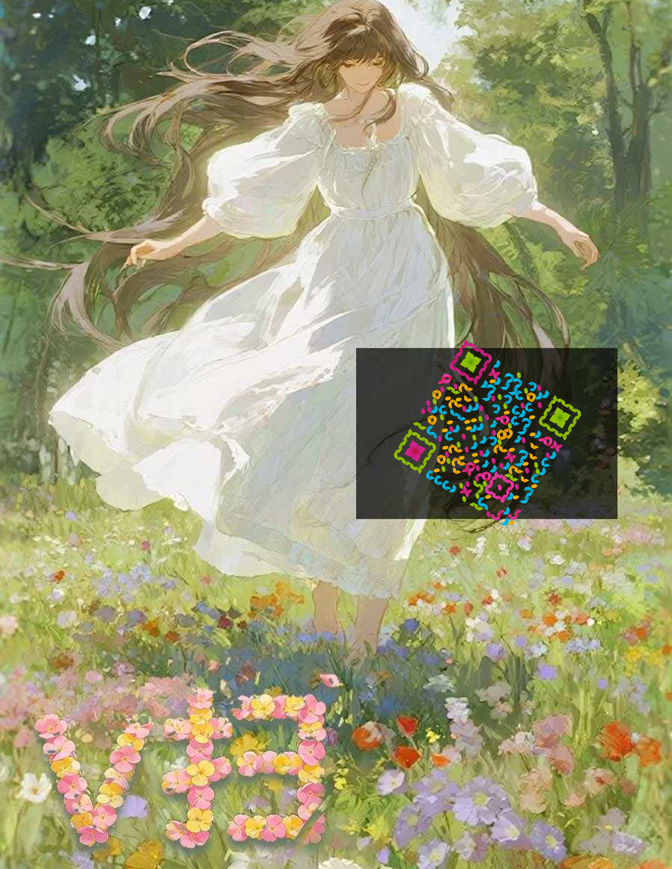 社交动态花丛白裙卷发女孩五彩丝带白色背景艺术二维码二维码生成器-平面静态-微信名片